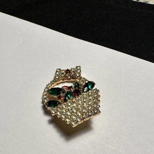 Prong Set Rhinestone Basket Clear Red & Green Christmas Holiday Brooch Pin